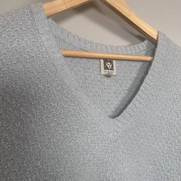 Anne Klein V-Neck Sweater Light Blue Silver Thread Women's Knit Top Women’s L - Picture 3 of 8